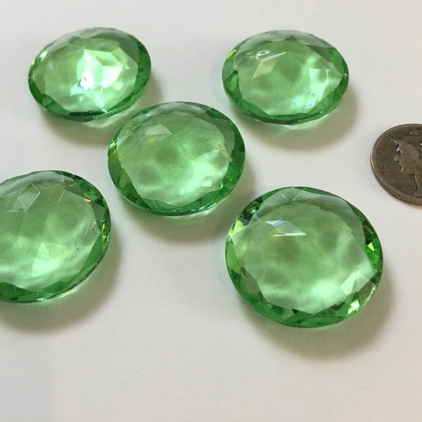 Vintage Five (5) Round 25mm Round Peridot Green Double Faceted Glass Jewels