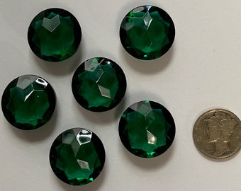 Vintage 20mm Dark Emerald Green (6) Six Double Faceted Round Glass Jewels