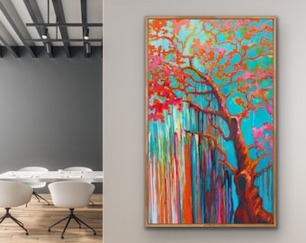 Original Abstrakt Rot und Teal Baum Gemälde, Großes Original Ölgemälde, abstrakte Wandkunst, zeitgenössische Kunst, große Wandkunst