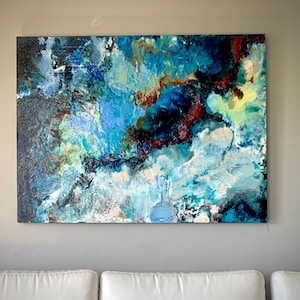 Dark Blue Marbleized Original Oil Painting, Large Wall Hanging, Oversized Canvas, Ocean Painting, Marbleized painting image 2