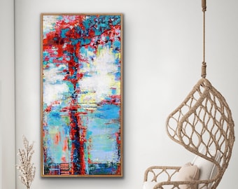Oversized Red & Dark Blue Tree Painting, Large Original Abstract Oil Painting, Abstract Wall Art, Tree Painting, Large Wall Art