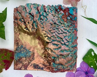 Original Oil Painting 5”x5”, Small Paintings, Oil Painting, Gold, Copper, Teal, Small Wall Hanging, Thick Textural Art, Thick Paint