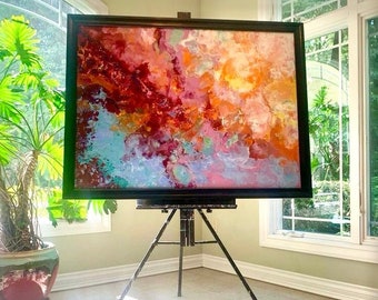 Red orange purple pink Marbleized Original Oil Painting, Large Wall Hanging, Oversized Canvas, Ocean Painting, Marbleized, Sea Painting