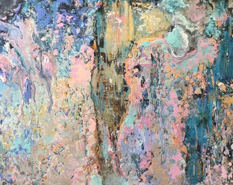 オーダーメイド。オリジナル油絵、大型絵画、美術、抽象画、青とピンク