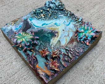 Marbleized Ocean Depths - Small 6"x6" Abstract Ocean Painting - Contemporary Surreal Art - Oil Paint, Seascape with Sea Anemone Sculpture