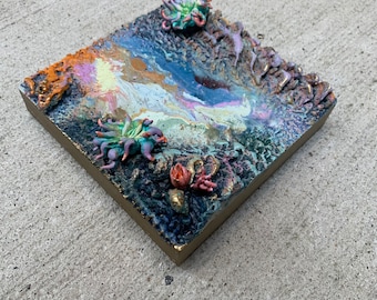 Marbleized Depths - Small 6"x6" Abstract Ocean Painting - Contemporary Surreal Art - Oil Paint, Seascape with Sea Anemone Sculpture
