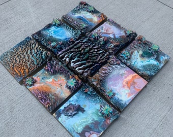 Oceanic Dreamscape | Sea Urchin & Clay Set | Modern Contemporary Art | Abstract Rock Formation Painting | Encaustic Wax | Coastal Decor