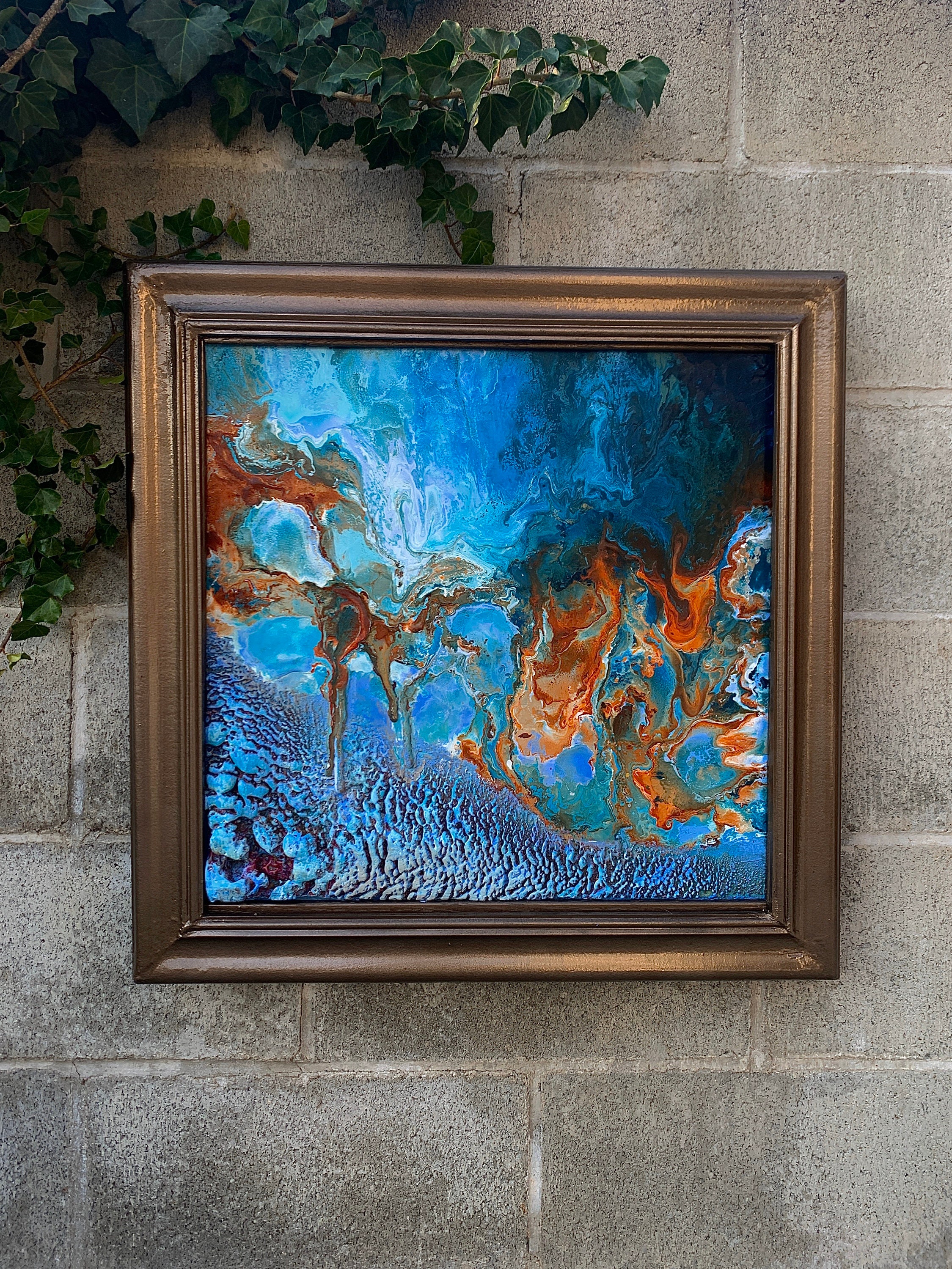 オリジナル額入り抽象画 20”x20”、油絵、ブルーペインティング