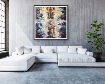 Himmlische Kathedrale Fine Art Giclée I 36 x 36 I Figuratives Surreal I Original Gemälde I Großes Wandbehang I Abstrakt I Blaue Malerei