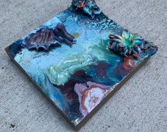 Cuttle Fish- Small 6"x6" Abstract Ocean Painting - Contemporary Surreal Art - Oil Paint, Seascape with Sea Anemone Sculpture