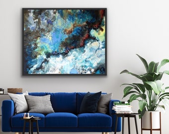 Dark Blue Marbleized Original Oil Painting, Large Wall Hanging, Oversized Canvas, Ocean Painting, Marbleized painting