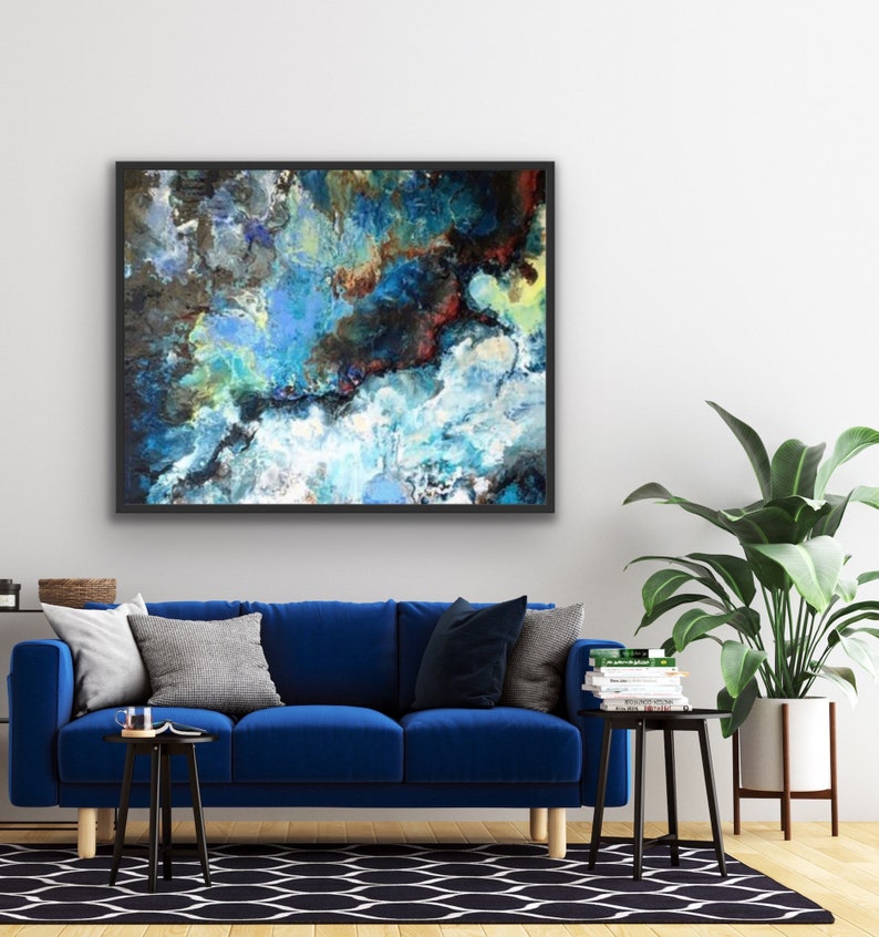 Dark Blue Marbleized Original Oil Painting, Large Wall Hanging, Oversized Canvas, Ocean Painting, Marbleized painting image 1