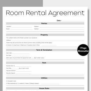 Minimalist Room Rental Agreement, Simple Rental Contract Template, Printable & Editable Tenancy Agreement, Roommate Room Rental Agreement