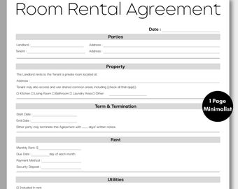 Minimalist Room Rental Agreement, Simple Rental Contract Template, Printable & Editable Tenancy Agreement, Roommate Room Rental Agreement