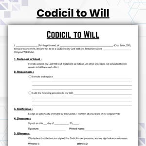 May include: A white document headed "Codicil to Will" with spaces for legal details. It features sections for amendments, ratification, signatures, and witnesses, intended for legal purposes.