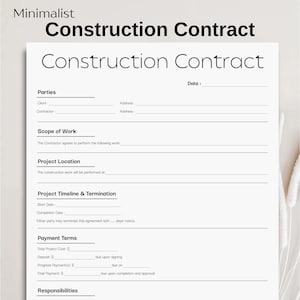 Minimalist Construction Contract, Simple Construction Agreement Form, Printable Basic Construction Contract, Editable Canva Agreement PDF