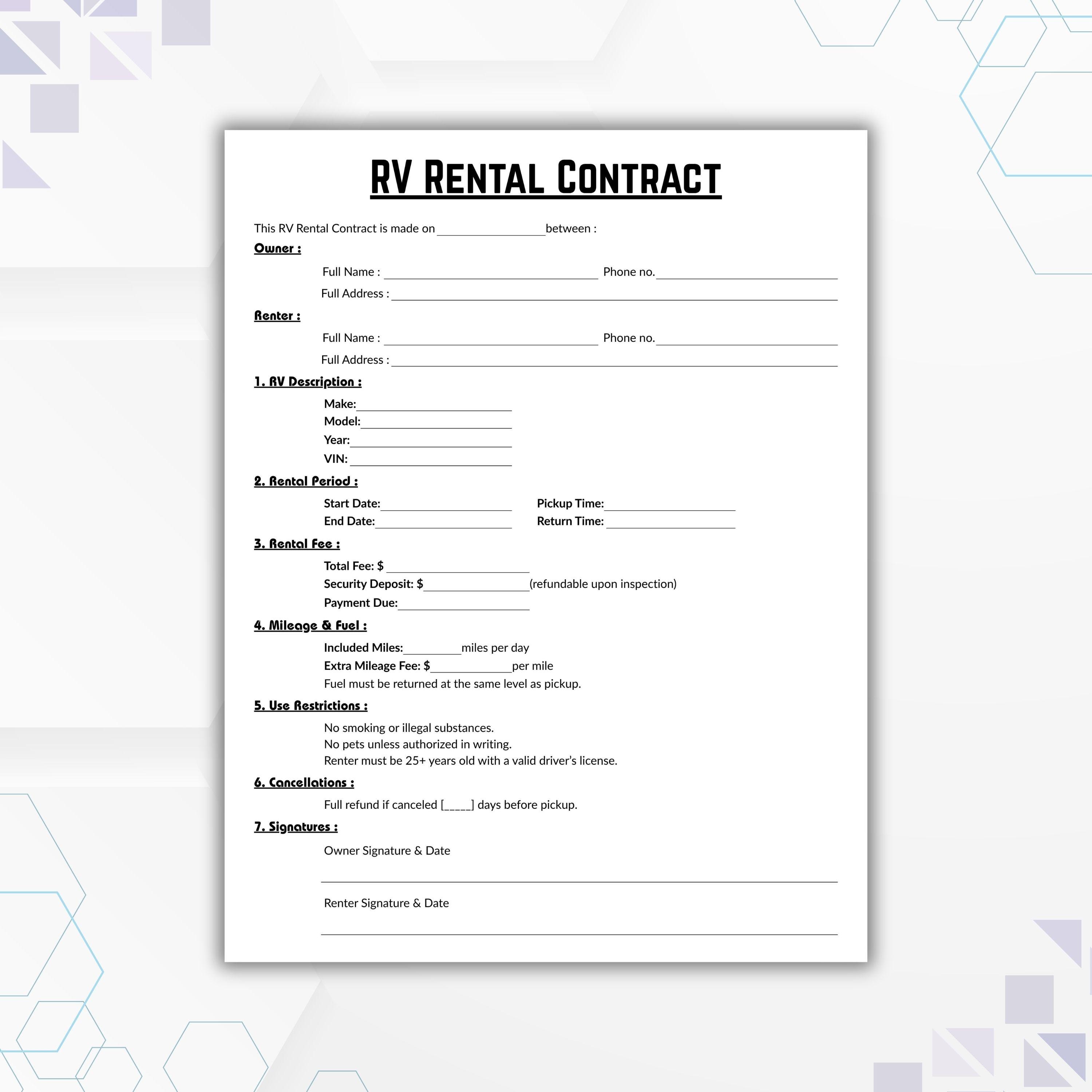 Editable RV Rental Agreement Template, Single Page Trailer Rental Form ...