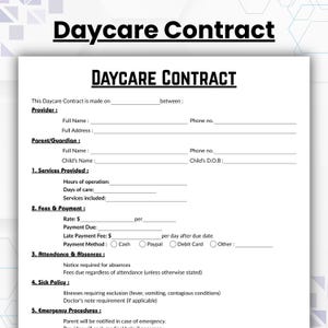 Editable Daycare Contract Template, Single Page Daycare Form, Printable Daycare Agreement, Childcare Forms, Daycare Liability handbook