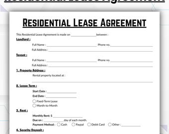 Editable Lease Agreement Template, Single Page Rental Agreement form, Printable Residential Housing Agreement, Lease Contract Template