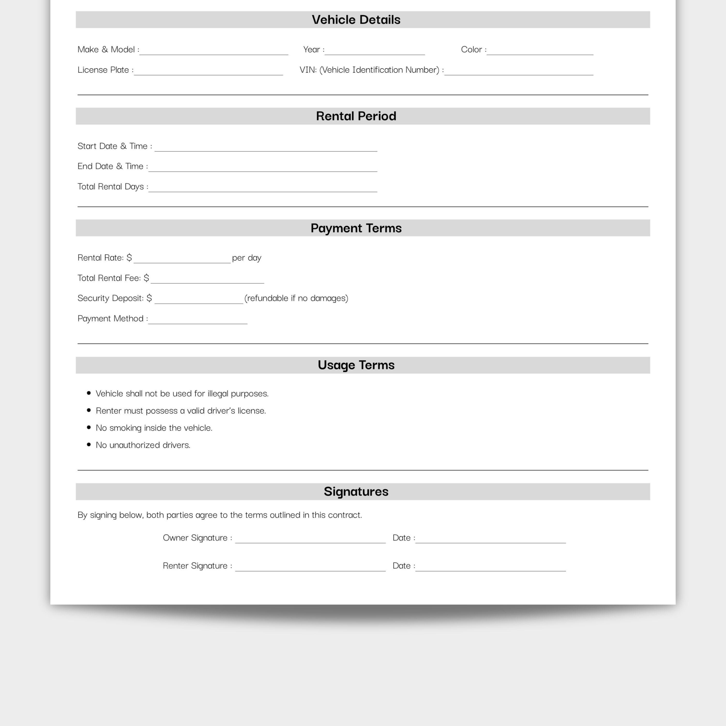 Minimalist Car Rental Agreement Template, Simple Car Rental Contract ...