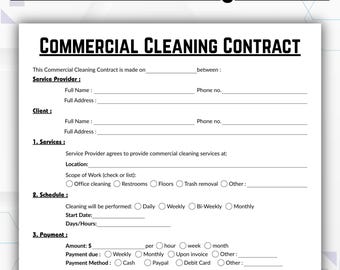 Contrat de nettoyage commercial modifiable, modèle de contrat de nettoyage simple, formulaire imprimable de services de nettoyage de bureaux de conciergerie pour agents immobiliers