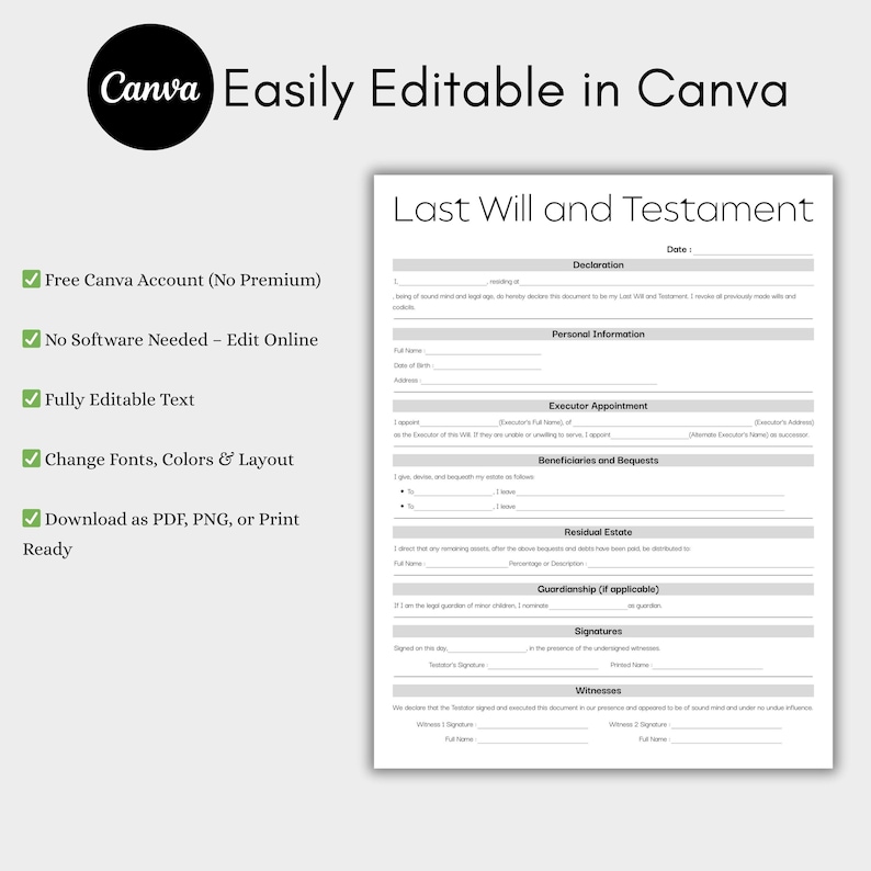 Minimalist Last Will and Testament, Simple Testament Form, Printable ...