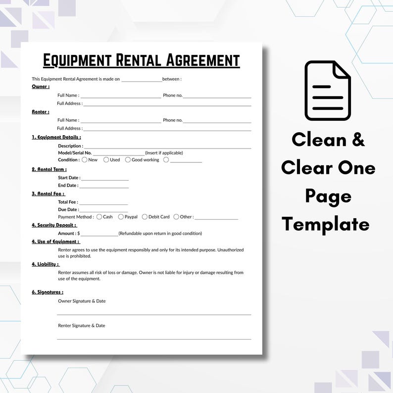 Editable Equipment Rental Agreement Template, Single Page Lease ...