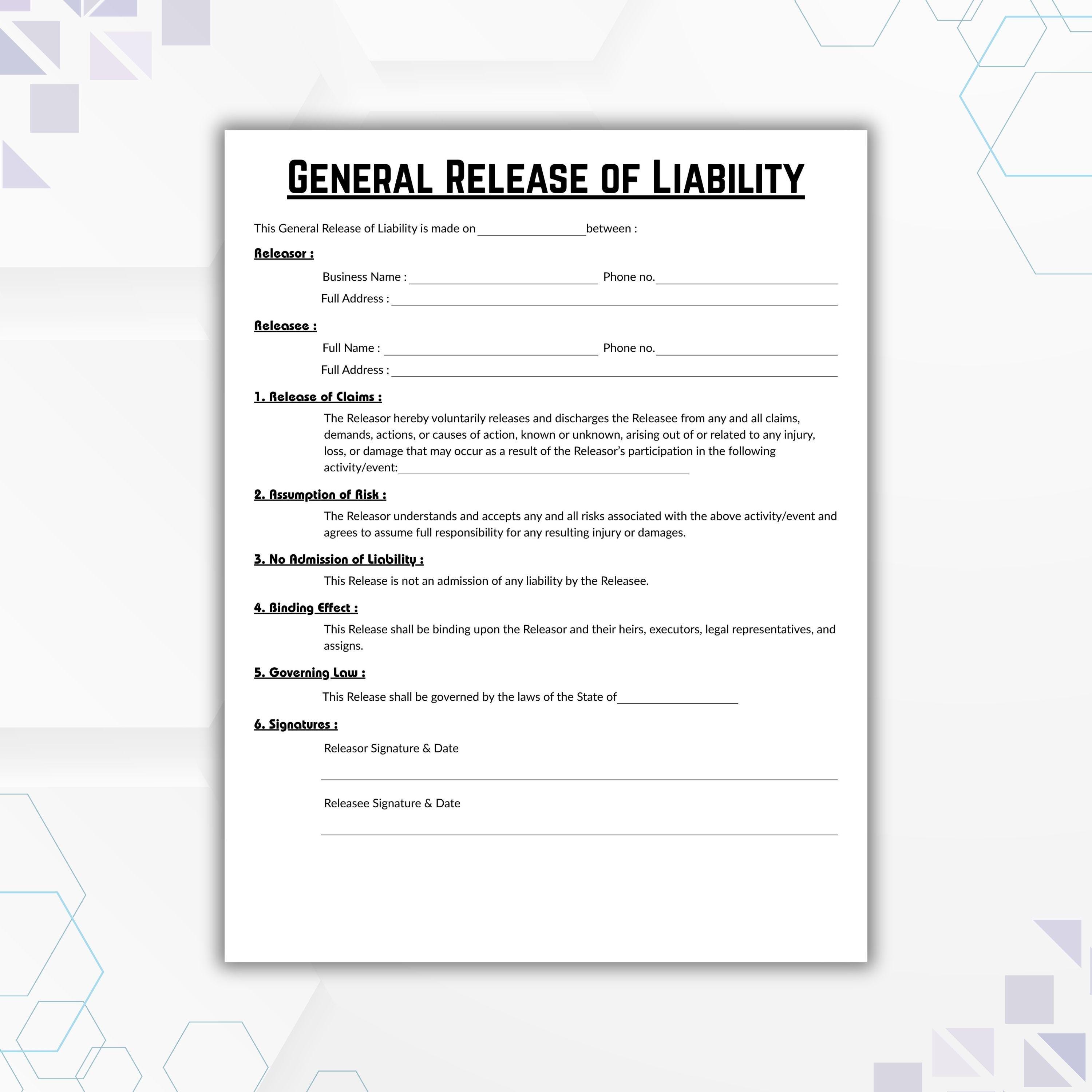 Editable General Release of Liability Template, Single Informed Consent ...