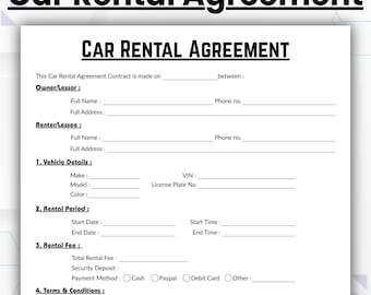 Editable Car Rental Agreement Template, Single Page Car Rental Contract, Printable Vehicle Lease Form, Vehicle Renting Agreement, Digital