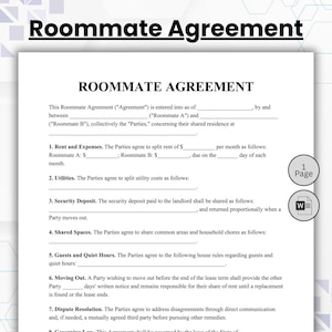 May include: A white document titled Roommate Agreement with black text. It includes sections for rent, expenses, utilities, security deposit, shared spaces, guests, quiet hours, moving out, and dispute resolution, with blank lines for filling in details.