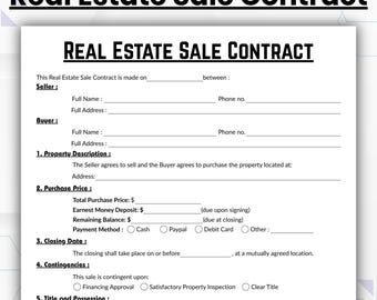 Modèle de contrat de vente immobilier modifiable, formulaire de contrat d'achat d'une page, contrat de vente de propriété imprimable, contrat d'entreprise