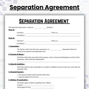 Op de afbeelding: Een document voor een scheidingsovereenkomst met de titel in vette zwarte letters. Het document bevat secties voor informatie over partij A en partij B, scheidingsdetails, eigendommen en activa, schulden en verplichtingen, financiële steun en kinderen.