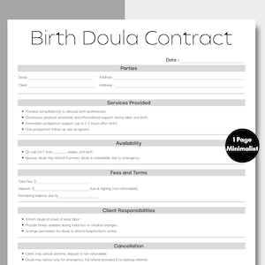 Può includere: Un modello minimalista di contratto di doula per la nascita con sezioni per le parti, i servizi, la disponibilità, le tariffe, le responsabilità del cliente e l'annullamento. Il testo "Birth Doula Contract" è in alto.