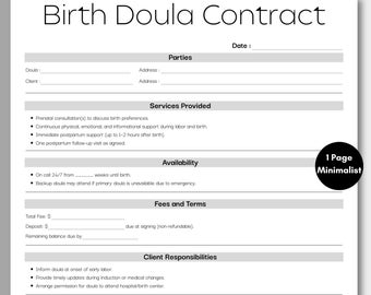 Minimalist Birth Doula Contract, Simple Doula Services Agreement Form Template, Printable & Editable Labor Support Contract Instant Download