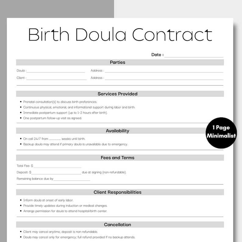Minimalist Birth Doula Contract, Simple Doula Services Agreement Form