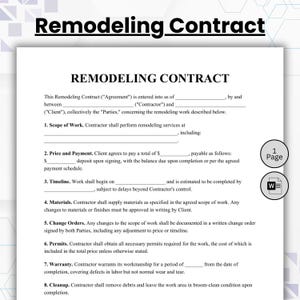 Editable Remodeling Contract Template, Printable Construction Services Contract, Single Page Home Renovation Contract Form, Instant Download