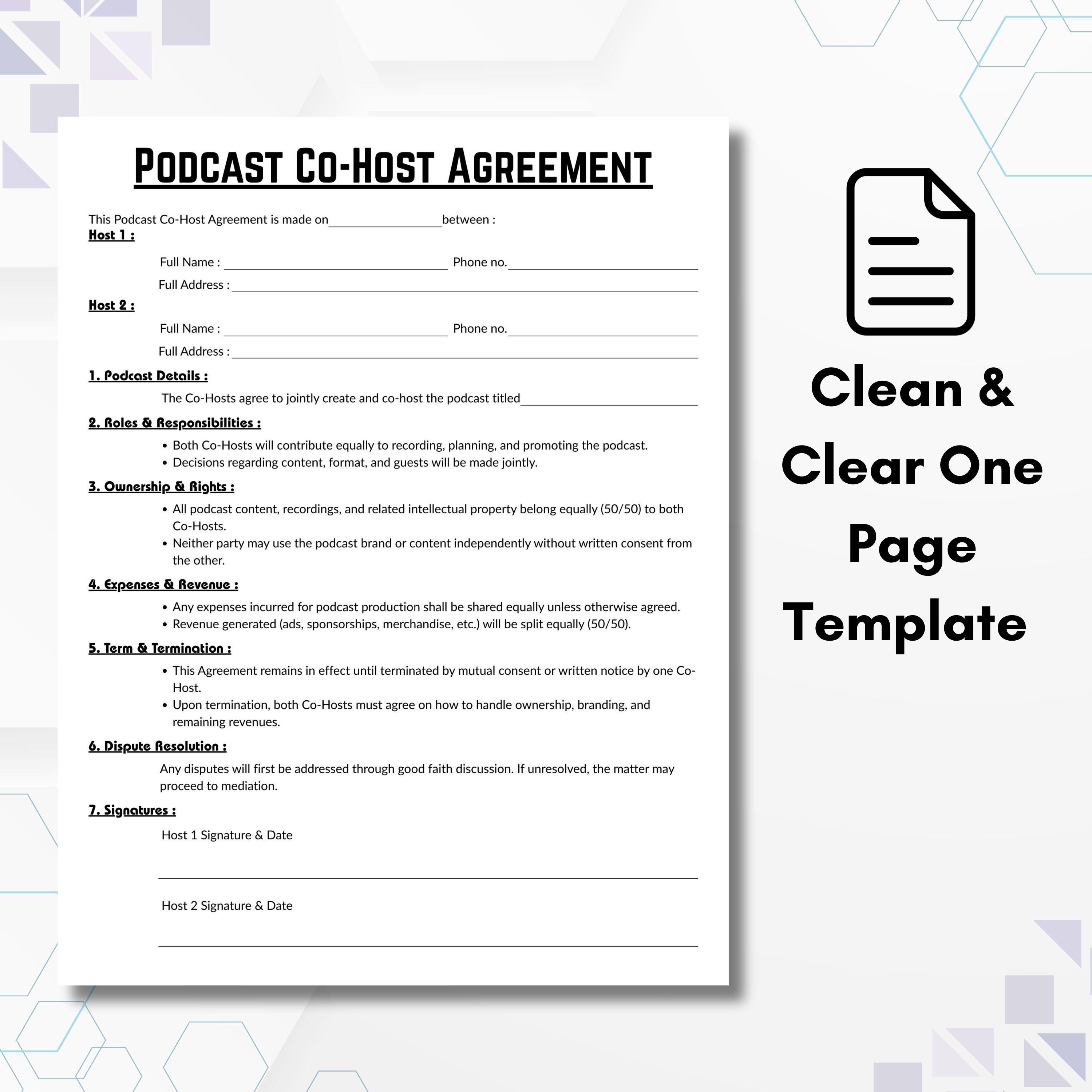 Editable Co-host Agreement, Simple Podcast Collaboration Contract ...