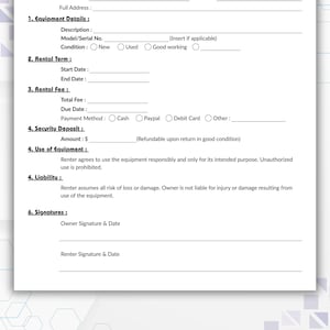 Item Rental Form Editable Equipment Rental Agreement Template, Single Page Lease ...