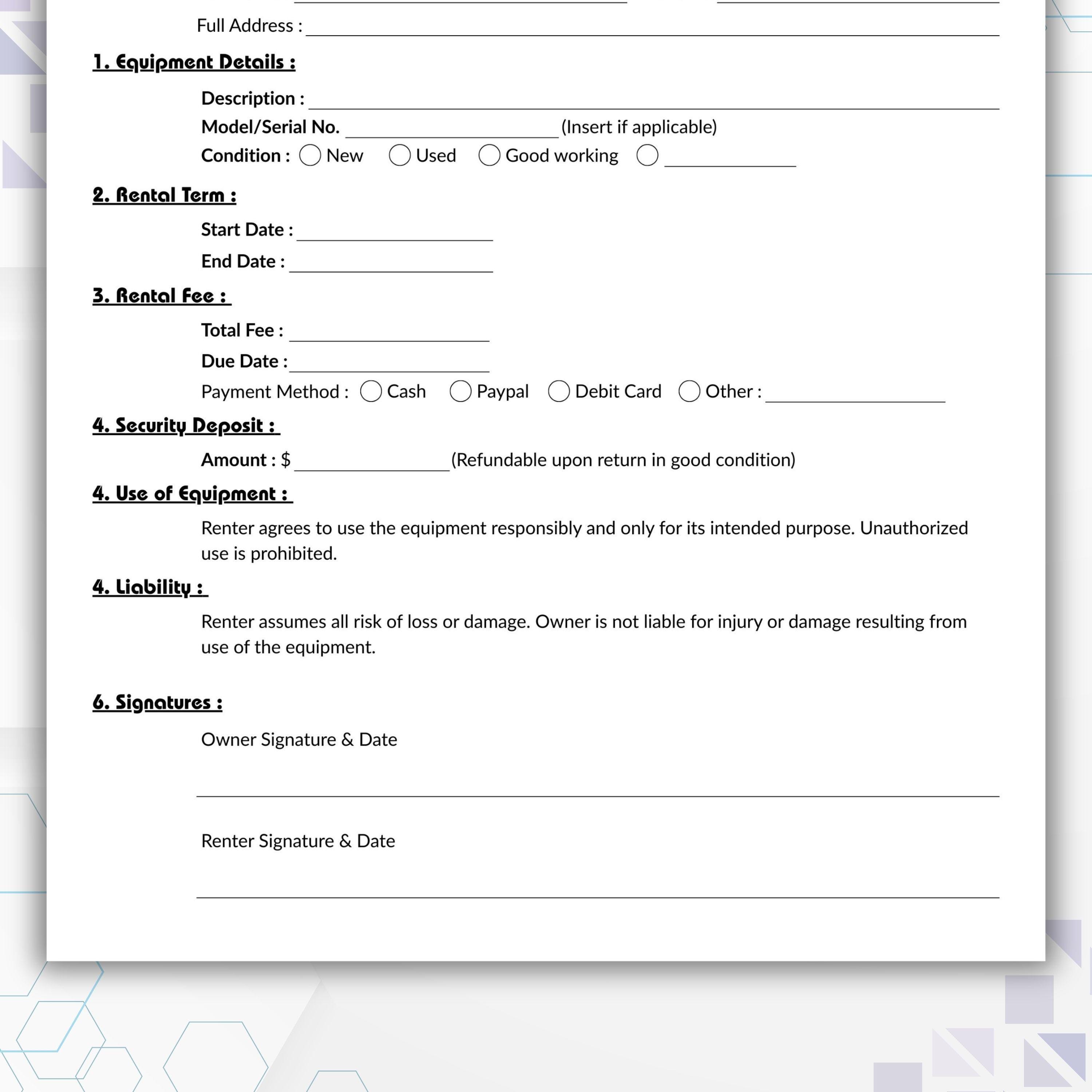 Editable Equipment Rental Agreement Template, Single Page Lease ...