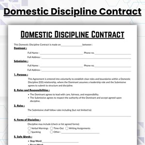 Könnte beinhalten: Ein weißes Dokument mit dem Titel "Domestic Discipline Contract" in schwarzer Schrift. Der Vertrag enthält Abschnitte für "Dominant"- und "Submissive"-Details, Zweck, Rollen, Regeln, Disziplinarformen und sichere Wörter. Das Dokument dient dazu, klare Rollen und Grenzen festzulegen.