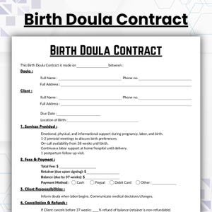 Bewerkbare doula-contractsjabloon geboorte, contractformulier voor arbeidsondersteuning met één pagina, afdrukbare Doula-serviceovereenkomst, zakelijk Doula-contract