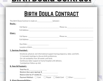 Plantilla editable de contrato de doula de parto, formulario de contrato de apoyo al parto de una sola página, acuerdo de servicios de doula imprimible, contrato comercial de doula