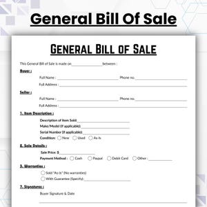 Pu&ograve; includere: Un modulo di vendita generale in bianco e nero. Il documento include sezioni per le informazioni sull'acquirente e sul venditore, la descrizione dell'articolo, i dettagli della vendita e le garanzie. Il testo "General Bill of Sale" &egrave; in alto.