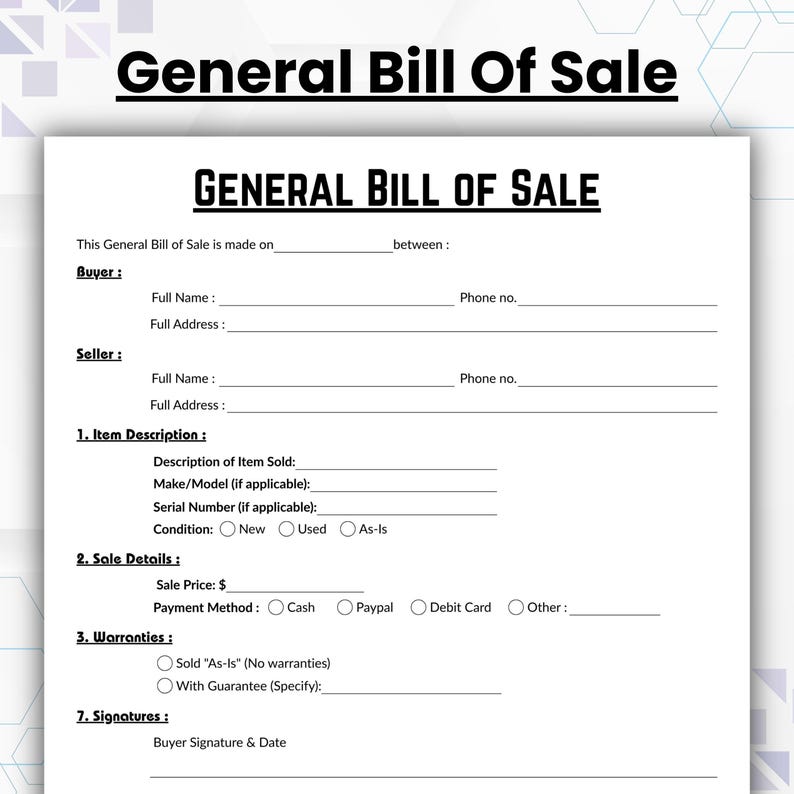 Pu&ograve; includere: Un modulo di vendita generale in bianco e nero. Il documento include sezioni per le informazioni sull'acquirente e sul venditore, la descrizione dell'articolo, i dettagli della vendita e le garanzie. Il testo "General Bill of Sale" &egrave; in alto.