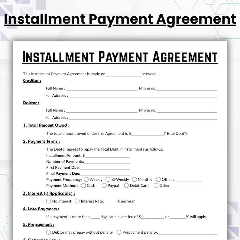 Editable Installment Payment Agreement Template, Single Page Loan ...