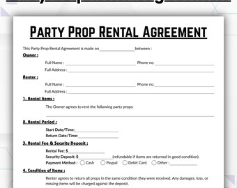 Editable Party Prop Rental Agreement, Simple Rental Form for Backdrops, Arches, Balloons Template, Printable Event Decor Contract Canva