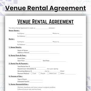 Puede incluir: Un formulario de contrato de alquiler de local con el título "VENUE RENTAL AGREEMENT" en texto negro en negrita. El formulario incluye secciones para el propietario del local, el arrendatario, los detalles del local, la fecha y hora del alquiler, la tarifa y el pago del alquiler, el propósito del uso y las responsabilidades del arrendatario.