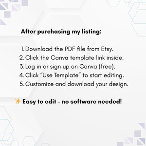 Może przedstawiać: Białe tło z tekstem: "Po zakupie mojej oferty: 1. Pobierz plik PDF z Etsy. 2. Kliknij link do szablonu Canva w środku. 3. Zaloguj się lub zarejestruj w Canva (bezpłatnie). 4. Kliknij 'Użyj szablonu', aby rozpocząć edycję. 5. Dostosuj i pobierz sw&oacute;j projekt. Łatwy do edycji - nie wymaga oprogramowania!"