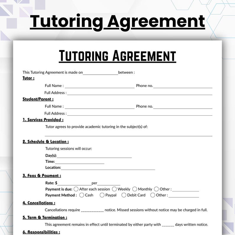 Editable Tutoring Agreement, Simple Tutoring Terms Contract Form ...