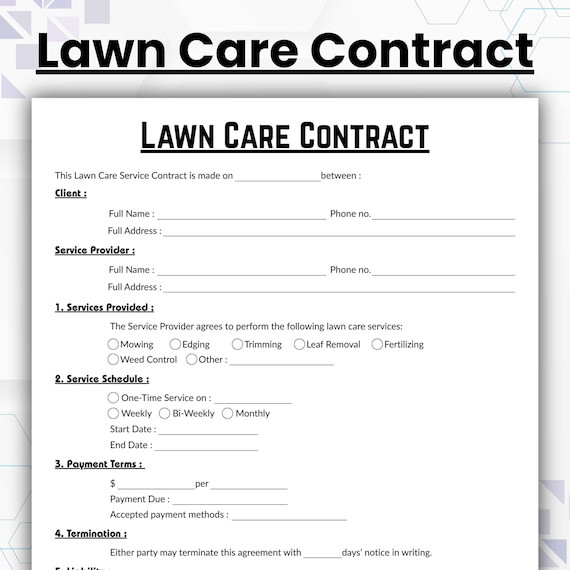 Editable Lawn Care Agreement, Single Page Landscaping Contract, Printable Garden Care Agreement, Service Contract, Mowing Contract